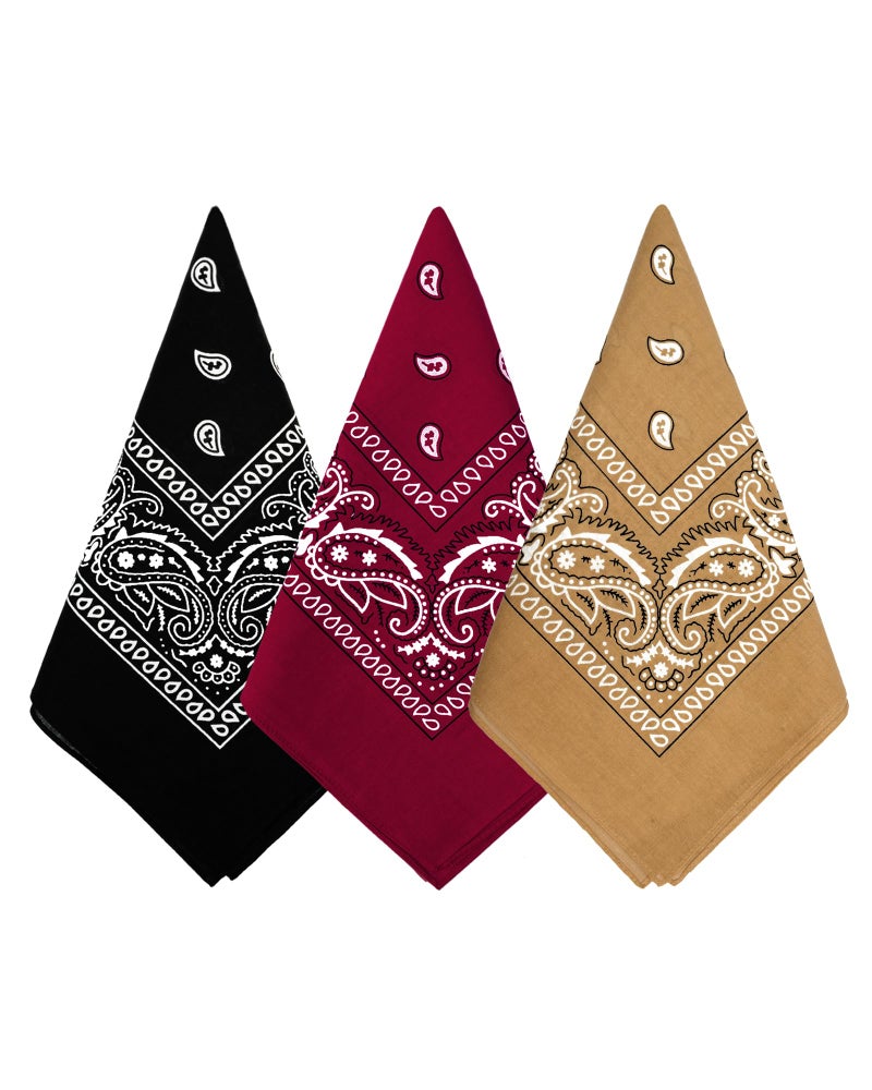 Bycc Bynn 3 Pack Pure Cotton Paisley Pattern Bandanas Square Scarf Headwear (Black + Burgundy + Dark Yellow) - Image 1